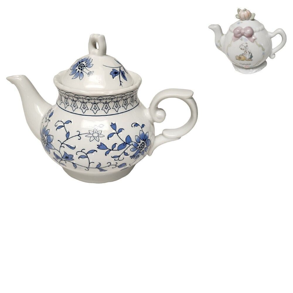 Vintage 6.5" Blue & White Floral Filigree Teapot /Bonus FREE Mini 1993 Teapot